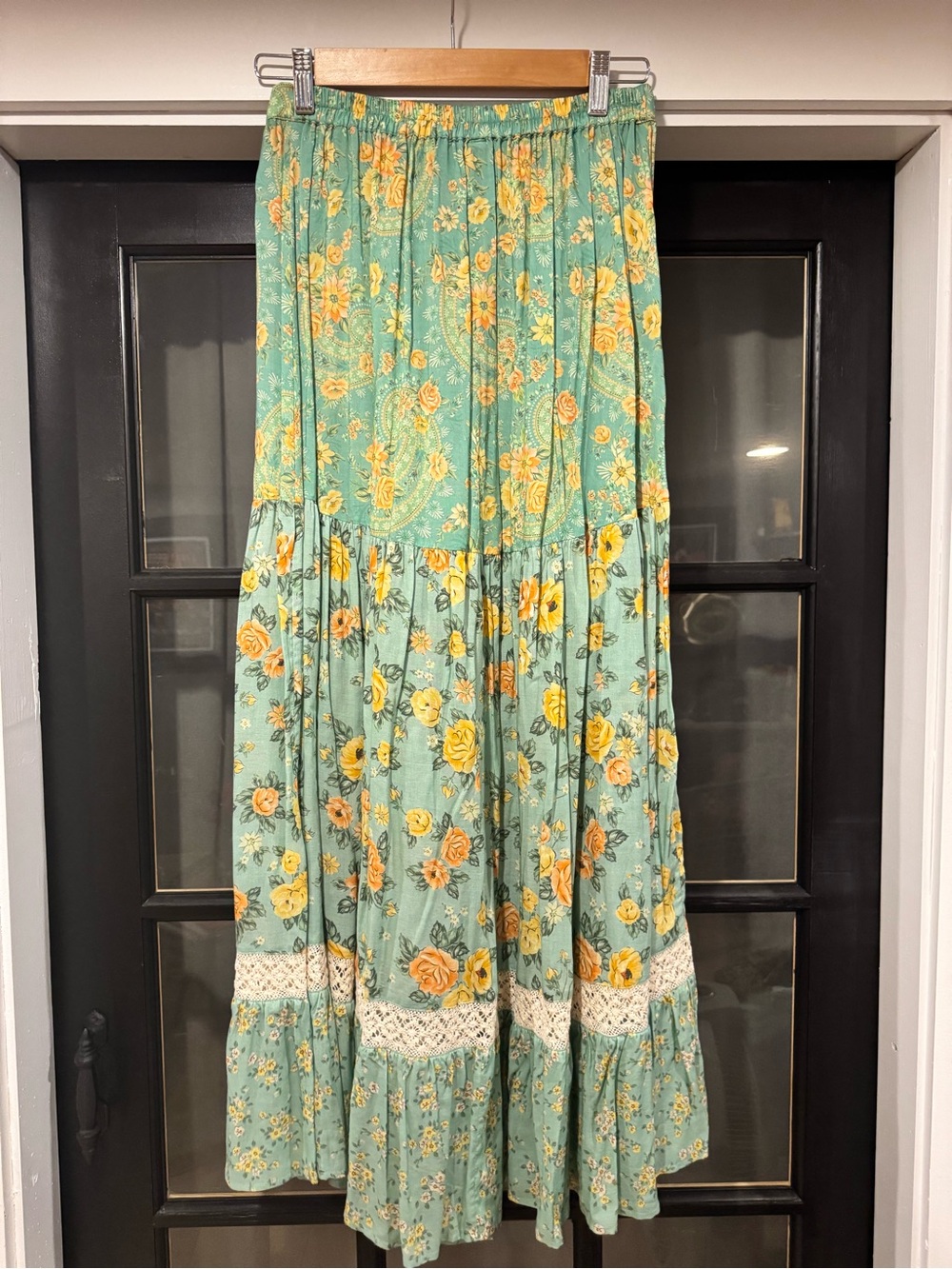 Spell Melody Boho Floral Maxi Skirt - Mint Green w/Yellow Flowers M - Picture 5 of 5